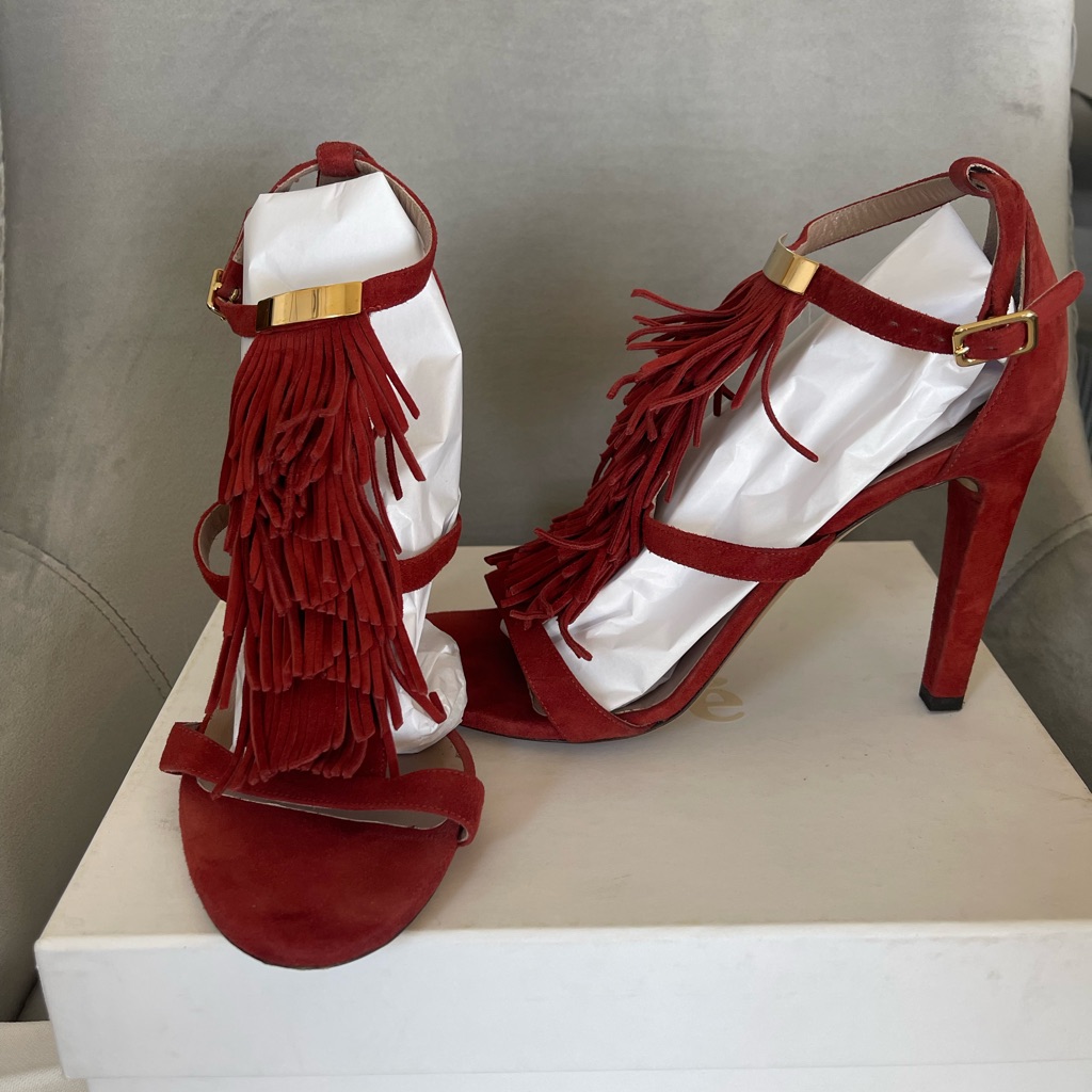 Chloe Suki Fringe Suede High Heel Sandals In Poppy Red.